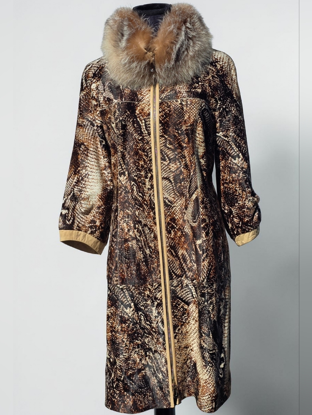 Exclusive Ottimo Genuine Leather Long Coat Embossed Snake Pattern Real Fur